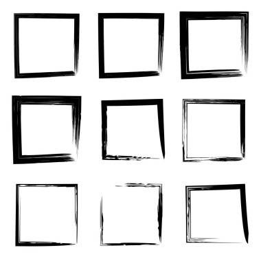 Koleksiyon veya sanatsal siyah boya el kümesi yaratıcı grungy fırça konturu kare kare veya beyaz arka plan üzerinde izole sınırları yaptı. Bir grunge eğitim kroki soyut yaratıcı mürekkep tasarım