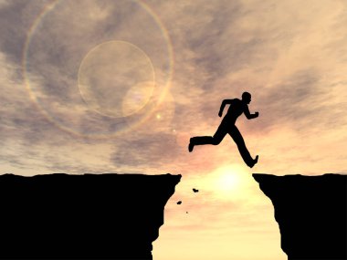 Kavram ya da kavramsal genç 3d çizim adam ya da işadamı siluet atlamak mutlu uçurum boşluk gündoğumu veya günbatımı gökyüzü arka plan üzerinde