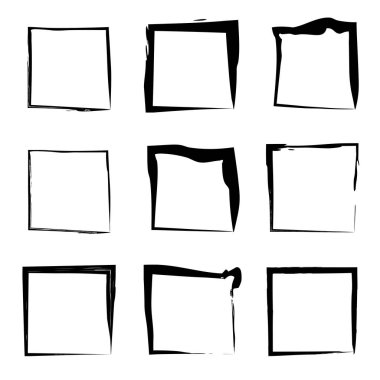 Koleksiyon veya sanatsal siyah boya el kümesi yaratıcı grungy fırça konturu kare kare veya beyaz arka plan üzerinde izole sınırları yaptı. Bir grunge eğitim kroki soyut yaratıcı mürekkep tasarım