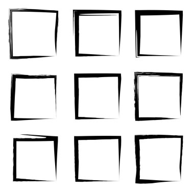 Koleksiyon veya sanatsal siyah boya el kümesi yaratıcı grungy fırça konturu kare kare veya beyaz arka plan üzerinde izole sınırları yaptı. Bir grunge eğitim kroki soyut yaratıcı mürekkep tasarım