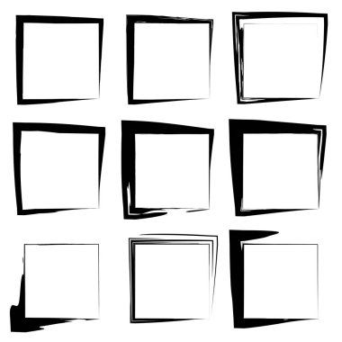 Koleksiyon veya sanatsal siyah boya el kümesi yaratıcı grungy fırça konturu kare kare veya beyaz arka plan üzerinde izole sınırları yaptı. Bir grunge eğitim kroki soyut yaratıcı mürekkep tasarım