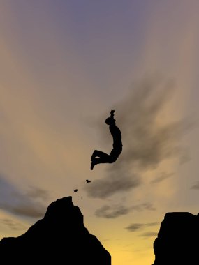 Kavram ya da kavramsal genç 3d çizim adam ya da işadamı siluet atlamak mutlu uçurum boşluk gündoğumu veya günbatımı gökyüzü arka plan üzerinde