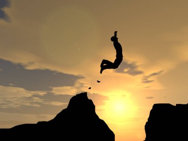 Kavram ya da kavramsal genç 3d çizim adam ya da işadamı siluet atlamak mutlu uçurum boşluk gündoğumu veya günbatımı gökyüzü arka plan üzerinde