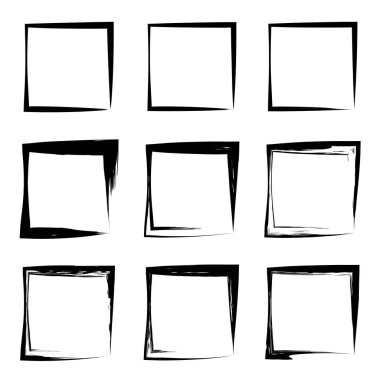 Koleksiyon veya sanatsal siyah boya el kümesi yaratıcı grungy fırça konturu kare kare veya beyaz arka plan üzerinde izole sınırları yaptı. Bir grunge eğitim kroki soyut yaratıcı mürekkep tasarım