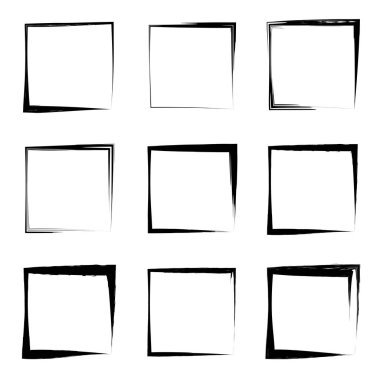 Koleksiyon veya sanatsal siyah boya el kümesi yaratıcı grungy fırça konturu kare kare veya beyaz arka plan üzerinde izole sınırları yaptı. Bir grunge eğitim kroki soyut yaratıcı mürekkep tasarım