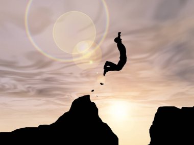 Kavram ya da kavramsal genç 3d çizim adam ya da işadamı siluet atlamak mutlu uçurum boşluk gündoğumu veya günbatımı gökyüzü arka plan üzerinde