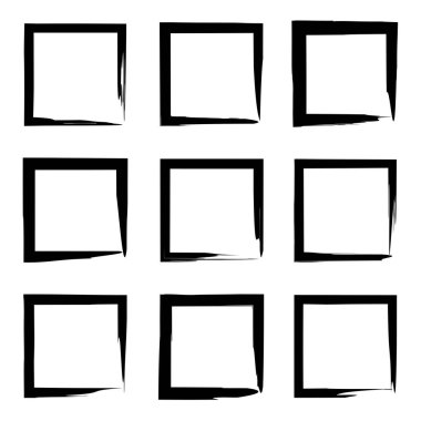 Koleksiyon veya sanatsal siyah boya el kümesi yaratıcı grungy fırça konturu kare kare veya beyaz arka plan üzerinde izole sınırları yaptı. Bir grunge eğitim kroki soyut yaratıcı mürekkep tasarım