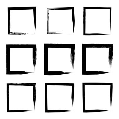 Koleksiyon veya sanatsal siyah boya el kümesi yaratıcı grungy fırça konturu kare kare veya beyaz arka plan üzerinde izole sınırları yaptı. Bir grunge eğitim kroki soyut yaratıcı mürekkep tasarım