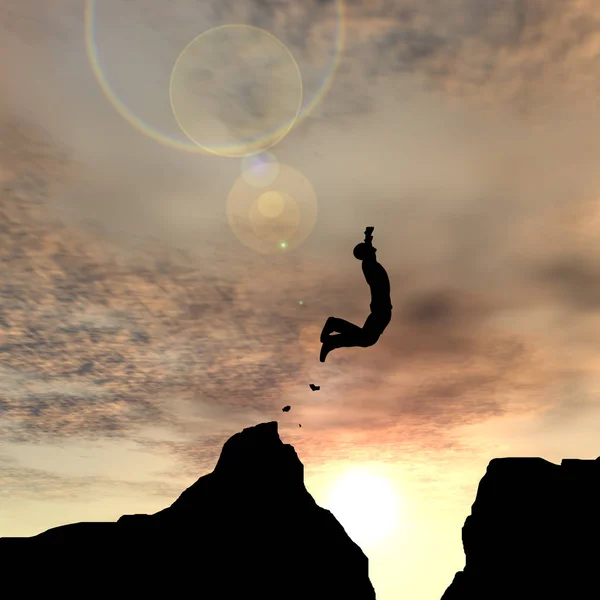 概念または概念の若い イラスト男性やビジネスマン ギャップ日没や日の出の空の背景の上の崖からジャンプ幸せのシルエット — ストック写真