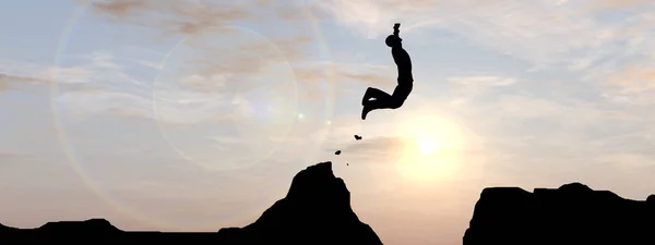概念または概念の若いギャップ夕日や日の出空背景バナー上 イラスト男性やビジネスマンのシルエットの崖からジャンプ幸せ — ストック写真