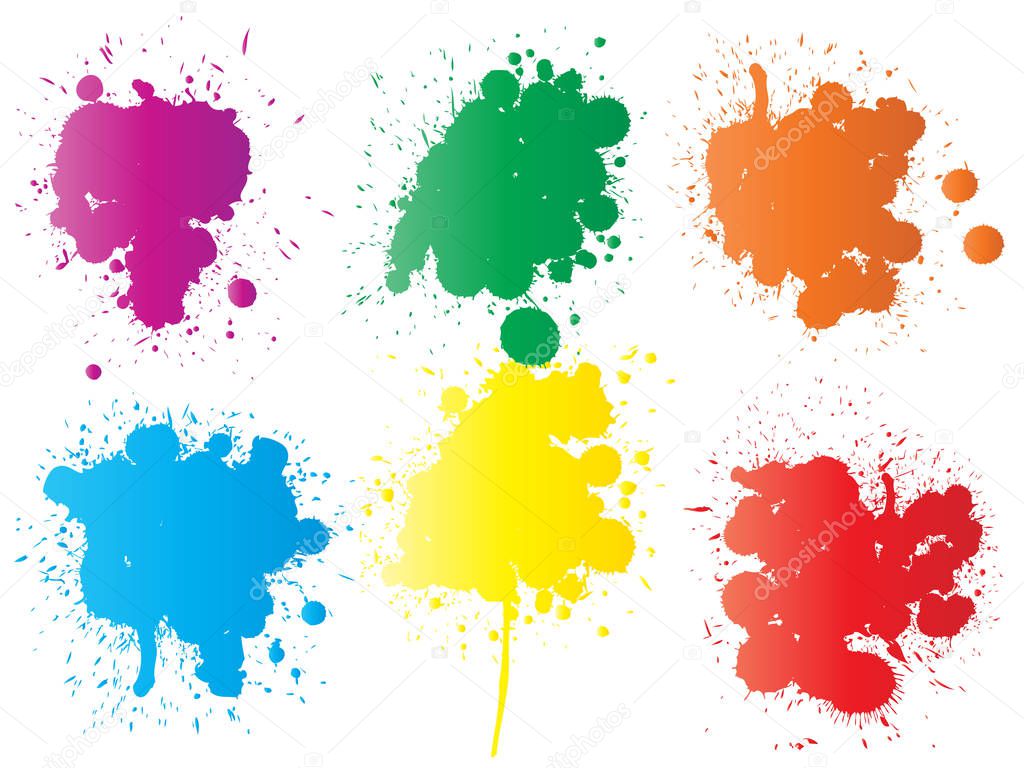 Vector collection of artistic grungy paint drop, hand made creative splash or splatter stroke set isolated white background. Abstract grunge dirty stains group, education or graphic art decoration