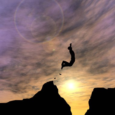 Kavram ya da kavramsal genç 3d çizim adam ya da işadamı siluet atlamak mutlu uçurum boşluk gündoğumu veya günbatımı gökyüzü arka plan üzerinde