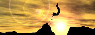 Kavram ya da kavramsal genç 3d çizim adam ya da işadamı siluet atlamak mutlu cliff üzerinde boşluk gündoğumu veya günbatımı gökyüzü arka plan afiş