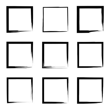 Koleksiyon veya sanatsal siyah boya el kümesi yaratıcı grungy fırça konturu kare kare veya beyaz arka plan üzerinde izole sınırları yaptı. Bir grunge eğitim kroki soyut yaratıcı mürekkep tasarım