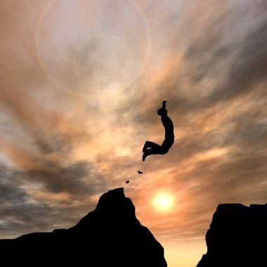 Kavram ya da kavramsal genç 3d çizim adam ya da işadamı siluet atlamak mutlu uçurum boşluk gündoğumu veya günbatımı gökyüzü arka plan üzerinde