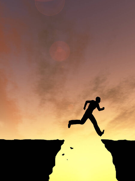 Concept or conceptual young 3D illustration man or businessman silhouette jump happy from cliff over  gap sunset or sunrise sky background