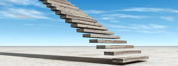 概念或概念3d 例证台阶跨步到天堂在天空背景在沙漠与云彩横幅 — 图库照片