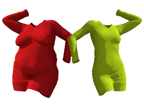 Conceptuele vet overgewicht obesitas vrouwelijke trui jurk vs slim fit gezond lichaam na gewicht verlies of dieet dunne jonge vrouw geïsoleerd. Een fitness-, voedings- of vetheid obesitas gezondheid vorm 3d illustratie — Stockfoto