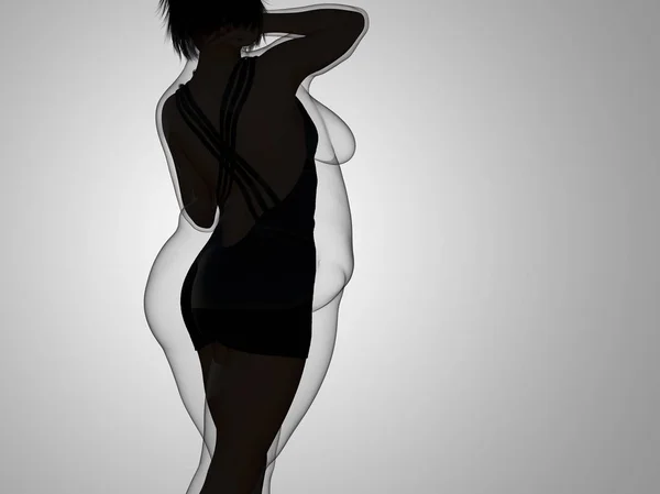 Gordura conceitual obeso obeso fêmea vs magro ajuste corpo saudável após a perda de peso ou dieta com músculos magro jovem mulher em cinza. Uma aptidão, nutrição ou gordura obesidade, forma de saúde ilustração 3D — Fotografia de Stock