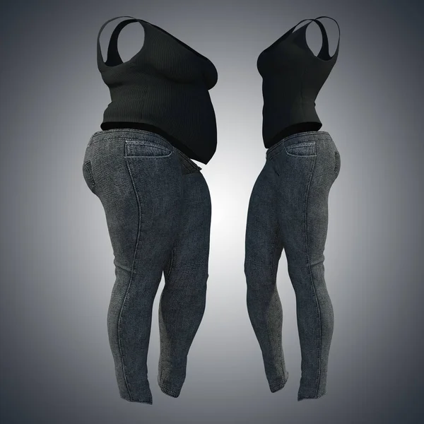 Conceptual fat overweight obese female jeans undershirt vs slim fit healthy body after weight loss or diet thin young woman on gray. Fitness, nutrition or fatness obesity health shape 3D illustration