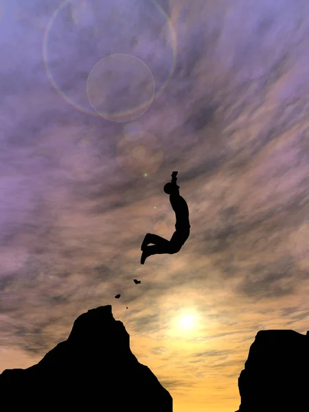 Concept or conceptual young 3D illustration man or businessman silhouette jump happy from cliff over  gap sunset or sunrise sky background — Stock Photo, Image
