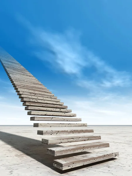 概念或概念 3d 图楼梯到天堂踩在沙漠与云天空背景 — 图库照片