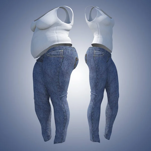 Концептуальный жир лишний вес толстые женские джинсы майка против стройный подходят здоровое тело после потери веса или диеты худенькая молодая женщина на синем. Фитнес, питание или ожирение в форме 3D иллюстрации — стоковое фото