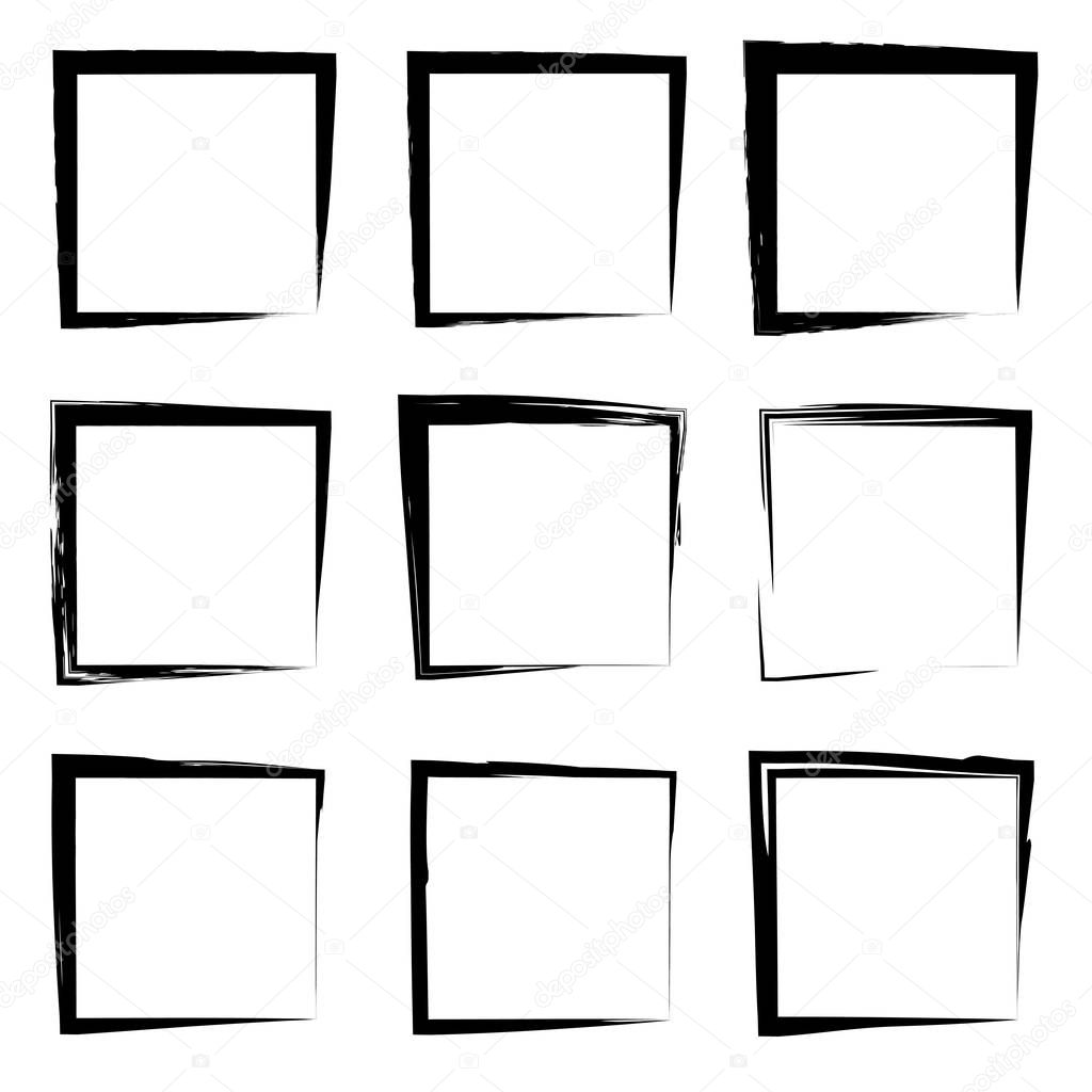 Collection or set of artistic black paint hand made creative grungy brush stroke square frames or borders isolated on white background. A grunge education sketch abstract creative ink design
