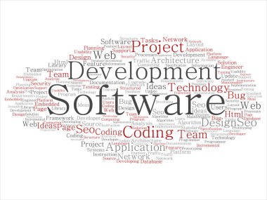 Vektör kavram ya da kavramsal yazılım geliştirme projesi teknoloji soyut kelime bulutu kodlama arka plan izole. Uygulama web tasarım, seo fikir, uygulama, test yükseltme metin kolaj