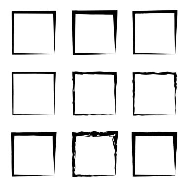 Koleksiyon veya sanatsal siyah boya el kümesi yaratıcı grungy fırça konturu kare kare veya beyaz arka plan üzerinde izole sınırları yaptı. Bir grunge eğitim kroki soyut yaratıcı mürekkep tasarım