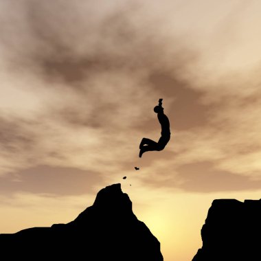 Kavram ya da kavramsal genç 3d çizim adam ya da işadamı siluet atlamak mutlu uçurum boşluk gündoğumu veya günbatımı gökyüzü arka plan üzerinde