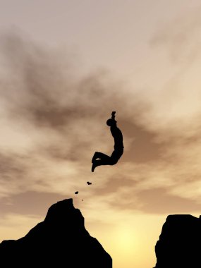 Kavram ya da kavramsal genç 3d çizim adam ya da işadamı siluet atlamak mutlu uçurum boşluk gündoğumu veya günbatımı gökyüzü arka plan üzerinde