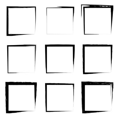 Koleksiyon veya sanatsal siyah boya el kümesi yaratıcı grungy fırça konturu kare kare veya beyaz arka plan üzerinde izole sınırları yaptı. Bir grunge eğitim kroki soyut yaratıcı mürekkep tasarım