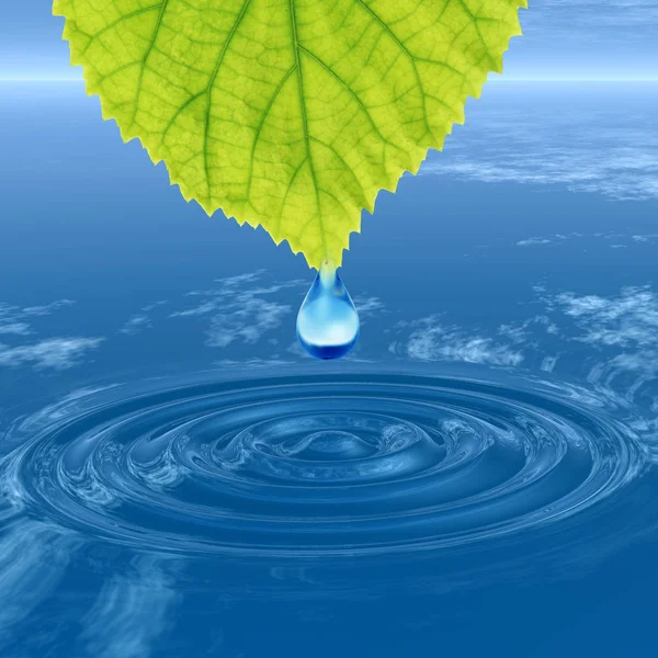 Concept or conceptual clean spring water or dew drop falling from a green fresh leaf on 3D illustration blue clear water making waves