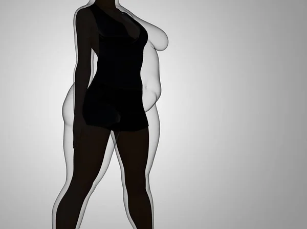 Conceptual grasa sobrepeso mujer obesa vs cuerpo sano en forma delgada después de la pérdida de peso o dieta con músculos delgada mujer joven en gris. Aptitud, nutrición u obesidad gorda, forma de salud Ilustración 3D — Foto de Stock