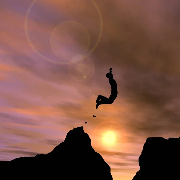 Έννοια ή εννοιολογική μικρά 3d απεικόνιση άνθρωπος ή επιχειρηματίας σιλουέτα ευτυχισμένη άλμα από βράχο πάνω από το χάσμα ηλιοβασίλεμα ή sunrise φόντο του ουρανού — Φωτογραφία Αρχείου