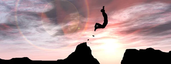 Концепция или концептуальный молодой 3D иллюстрации человек или бизнесмен силуэт прыгать счастливым от скалы через зазор заката или восхода солнца фон баннер — стоковое фото
