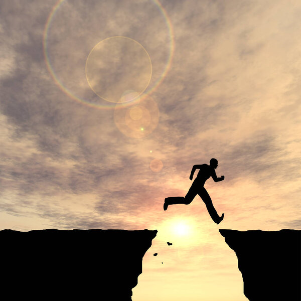 Concept or conceptual young 3D illustration man or businessman silhouette jump happy from cliff over  gap sunset or sunrise sky background