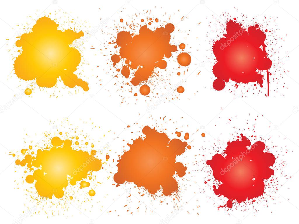 Collection of artistic grungy paint drop, hand made creative splash or splatter stroke set isolated white background. Abstract grunge dirty stains group, education or graphic art decoration