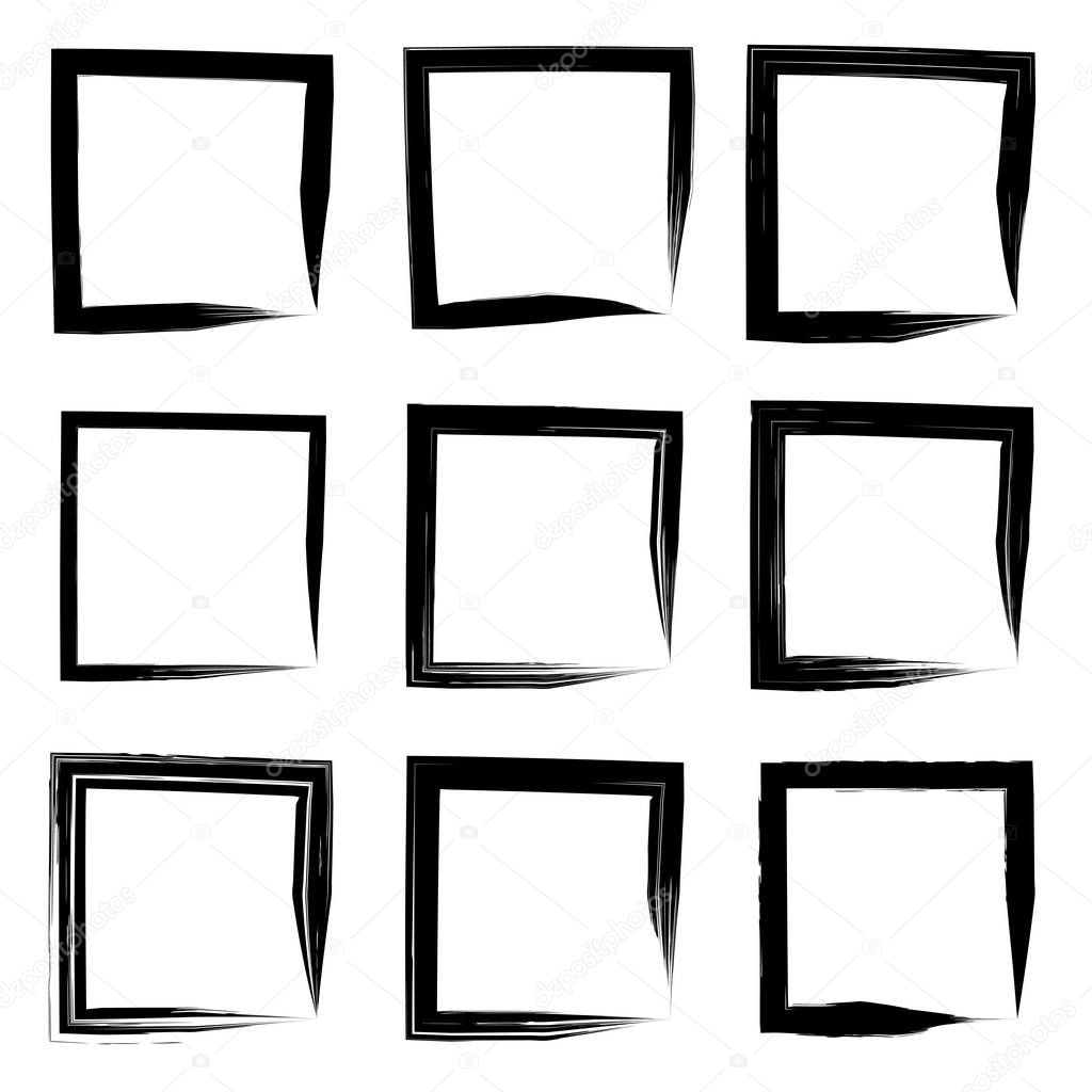 Collection or set of artistic black paint hand made creative grungy brush stroke square frames or borders isolated on white background. A grunge education sketch abstract creative ink design