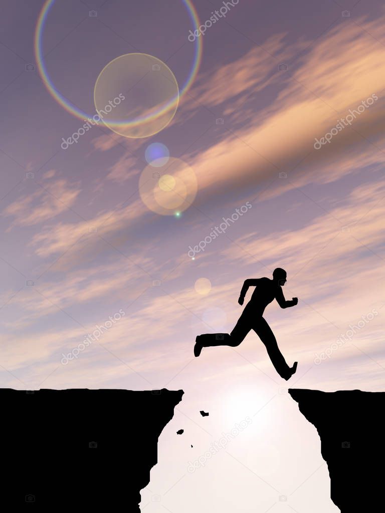 Concept or conceptual young 3D illustration man or businessman silhouette jump happy from cliff over  gap sunset or sunrise sky background