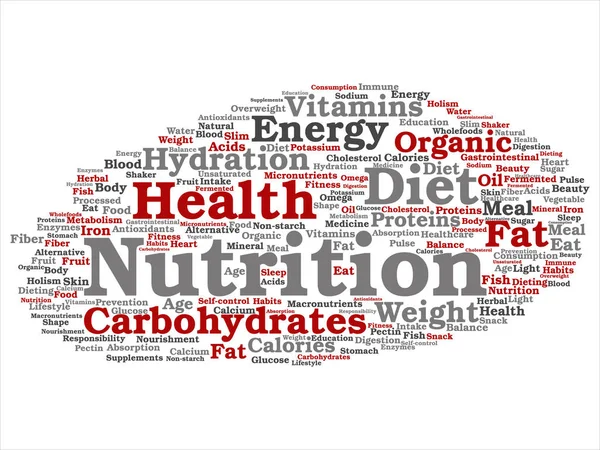 Διάνυσμα έννοια ή εννοιολογική διατροφή υγεία διατροφή αφηρημένη λέξη σύννεφο απομονωμένα φόντο. Κολάζ με υδατάνθρακες, βιταμίνες, λίπους, βάρος, ενέργεια, ιατρική αισθητική αντιοξειδωτικά, μεταλλικό, πρωτεΐνη κείμενο — Διανυσματικό Αρχείο