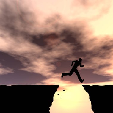 Kavram ya da kavramsal genç 3d çizim adam ya da işadamı siluet atlamak mutlu uçurum boşluk gündoğumu veya günbatımı gökyüzü arka plan üzerinde 