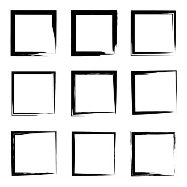 Koleksiyon veya sanatsal siyah boya el kümesi yaratıcı grungy fırça konturu kare kare veya beyaz arka plan üzerinde izole sınırları yaptı. Bir grunge eğitim kroki soyut yaratıcı mürekkep tasarım