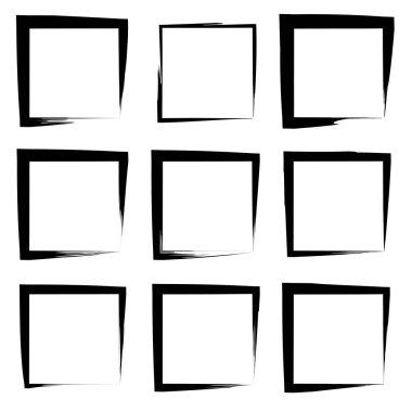 Koleksiyon veya sanatsal siyah boya el kümesi yaratıcı grungy fırça konturu kare kare veya beyaz arka plan üzerinde izole sınırları yaptı. Bir grunge eğitim kroki soyut yaratıcı mürekkep tasarım