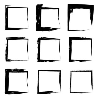 Koleksiyon veya sanatsal siyah boya el kümesi yaratıcı grungy fırça konturu kare kare veya beyaz arka plan üzerinde izole sınırları yaptı. Bir grunge eğitim kroki soyut yaratıcı mürekkep tasarım