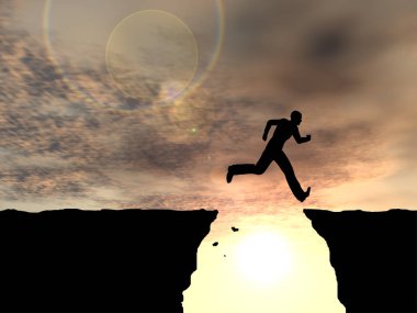 Kavram ya da kavramsal genç 3d çizim adam ya da işadamı siluet atlamak mutlu uçurum boşluk gündoğumu veya günbatımı gökyüzü arka plan üzerinde 