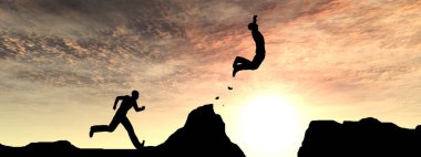 Kavram ya da kavramsal genç 3d çizim adam ya da işadamı siluet atlamak mutlu uçurum boşluk gündoğumu veya günbatımı gökyüzü arka plan üzerinde 