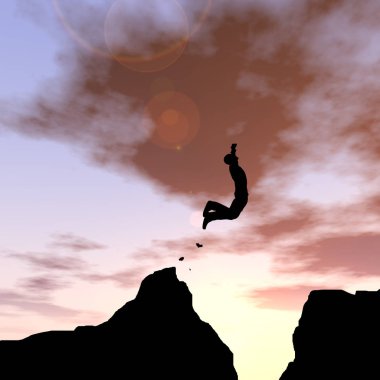 Kavram ya da kavramsal genç 3d çizim adam ya da işadamı siluet atlamak mutlu uçurum boşluk gündoğumu veya günbatımı gökyüzü arka plan üzerinde 