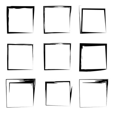 Koleksiyon veya sanatsal siyah boya el kümesi yaratıcı grungy fırça konturu kare kare veya beyaz arka plan üzerinde izole sınırları yaptı. Bir grunge eğitim kroki soyut yaratıcı mürekkep tasarım